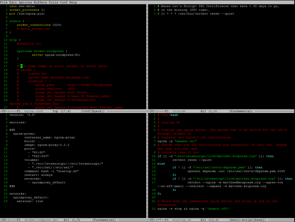 An emacs window open with nginx proxy config, a cron job, a docker compose file, and a startup script for the nginx container handling https for this WordPress site