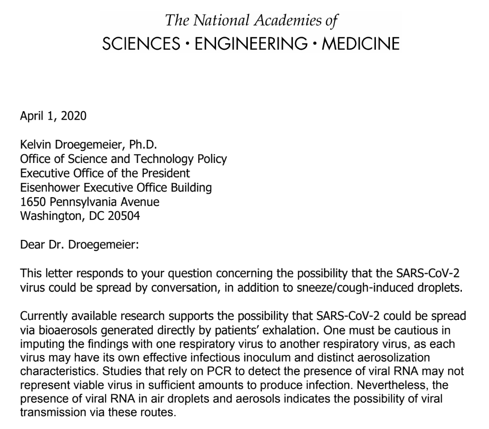 Screenshot of pdf, harvey writes of possibility of respiratory transmission