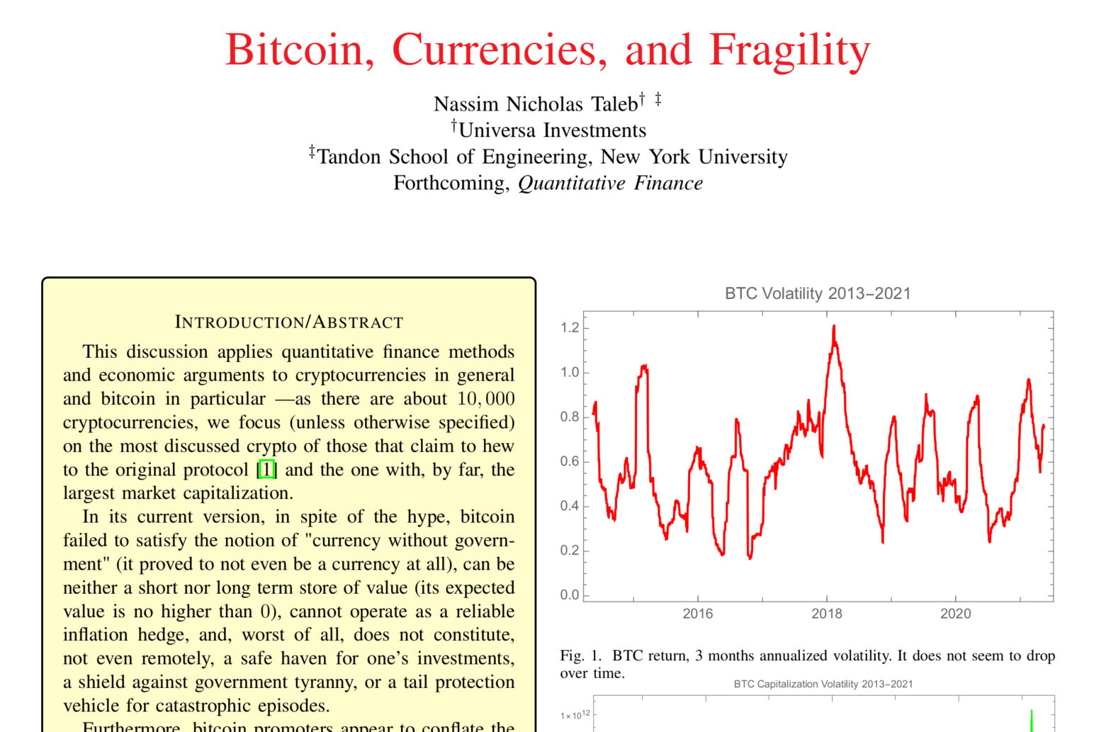 cover of taleb paper Bitcoin Currencies and Fragility