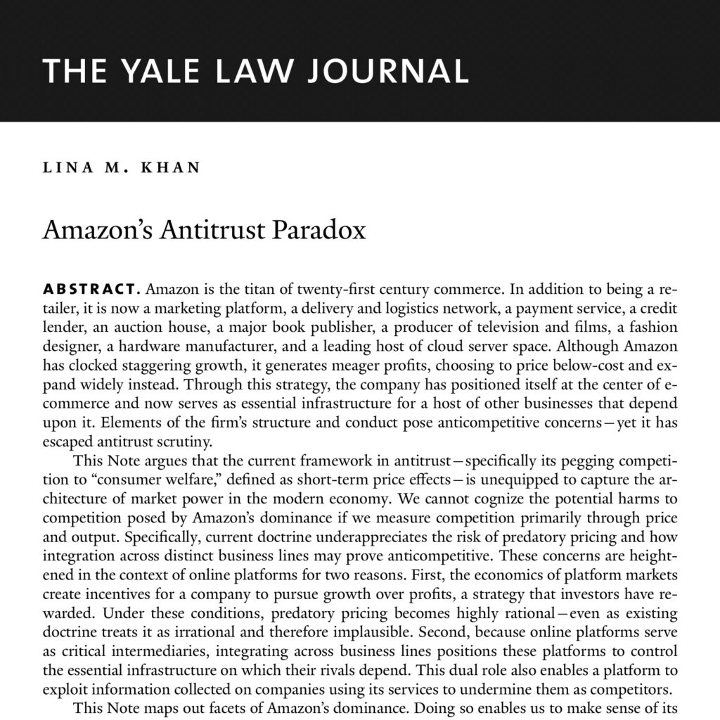 Lina Khan Yale Law Journal Amazon Antitrust Paradox